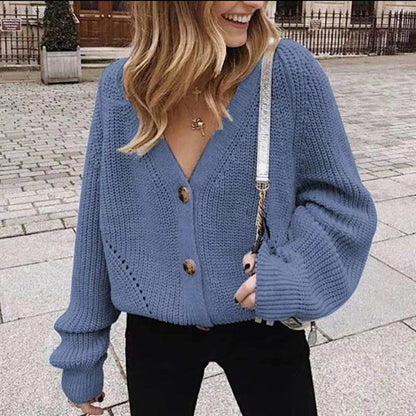 Women's V-Neck Cardigan with Decorative Buttons in Five Colours