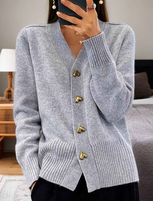 Women's V-Neck Knitted Cardigan with Reinforced Seams and Solid Weave