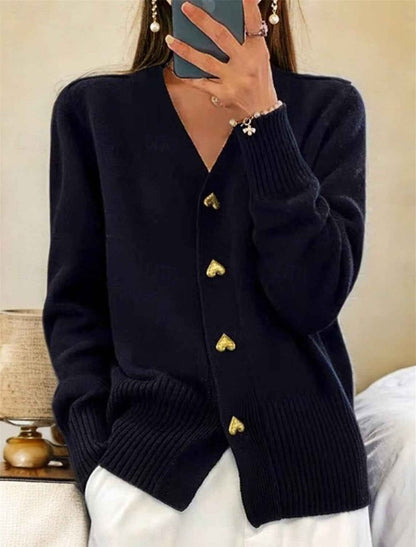 Women's V-Neck Knitted Cardigan with Reinforced Seams and Solid Weave