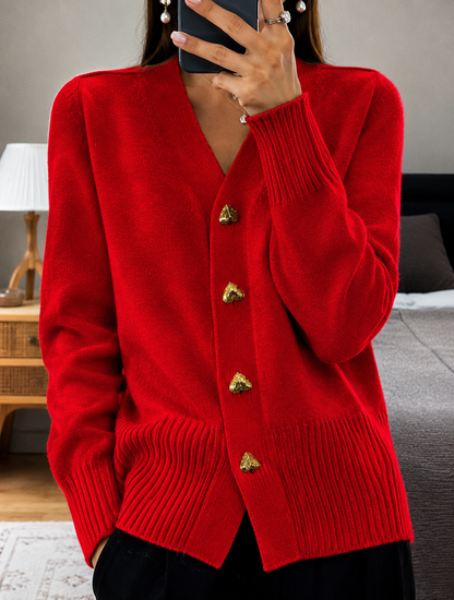 Women's V-Neck Knitted Cardigan with Reinforced Seams and Solid Weave