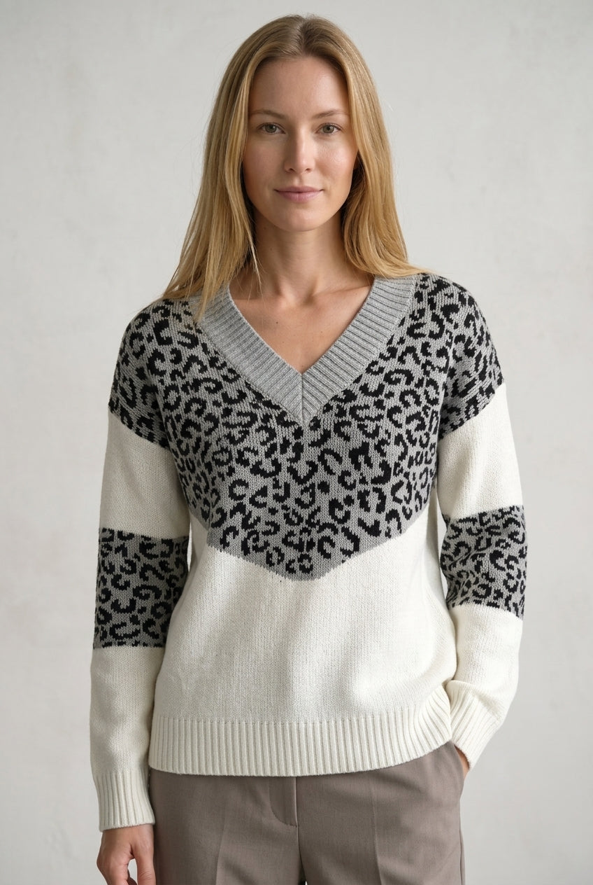 Women's V-neck Leopard Print Jumper with Soft Fabric