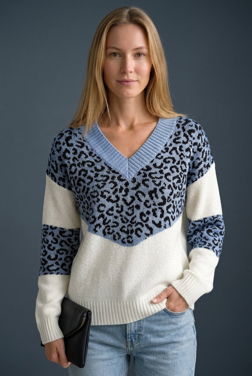 Women's V-neck Leopard Print Jumper with Soft Fabric