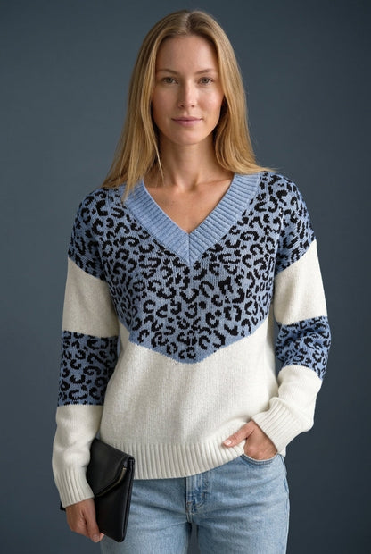 Women's V-neck Leopard Print Jumper with Soft Fabric
