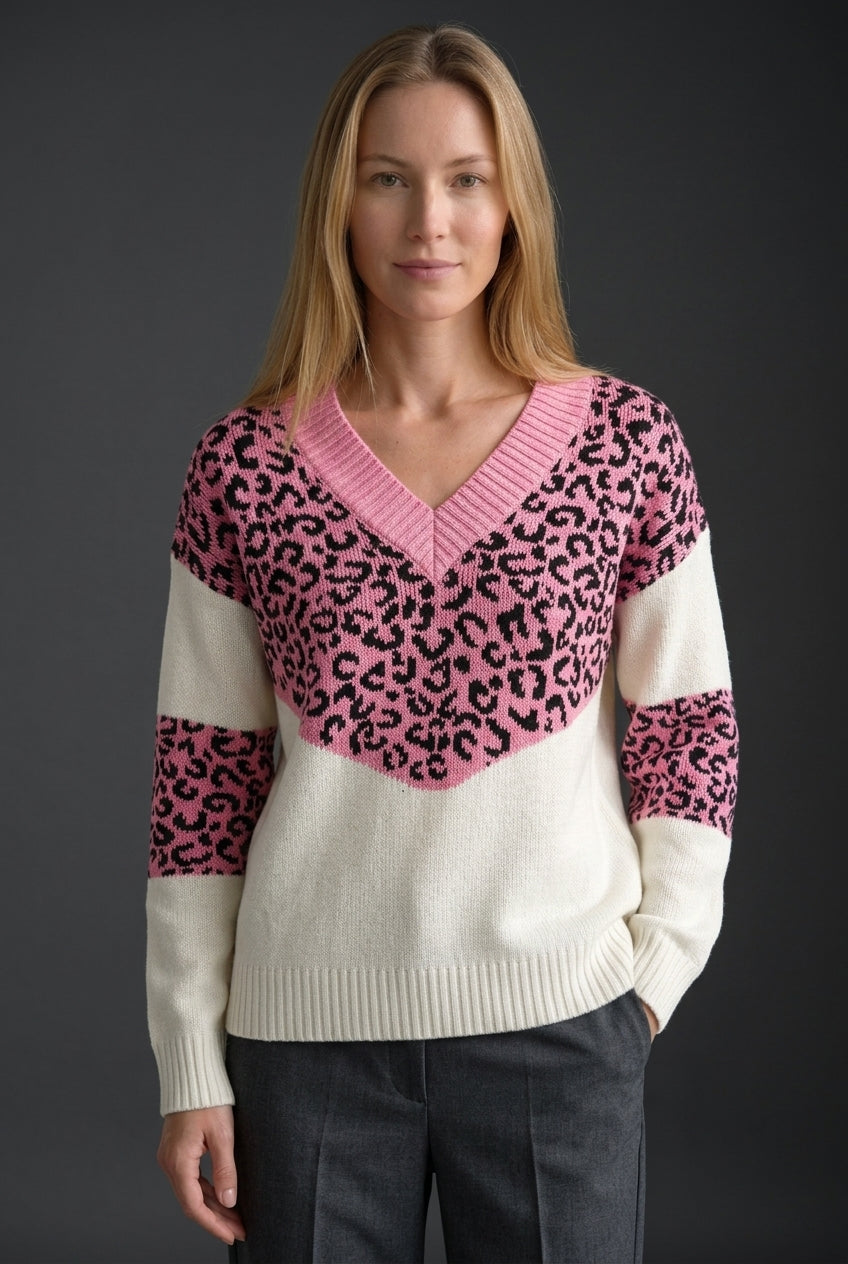Women's V-neck Leopard Print Jumper with Soft Fabric