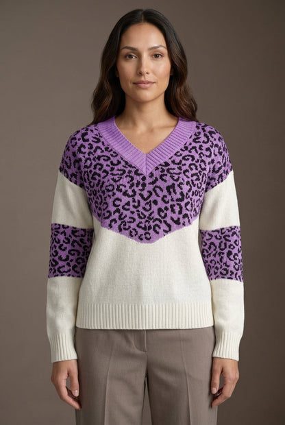 Women's V-neck Leopard Print Jumper with Soft Fabric