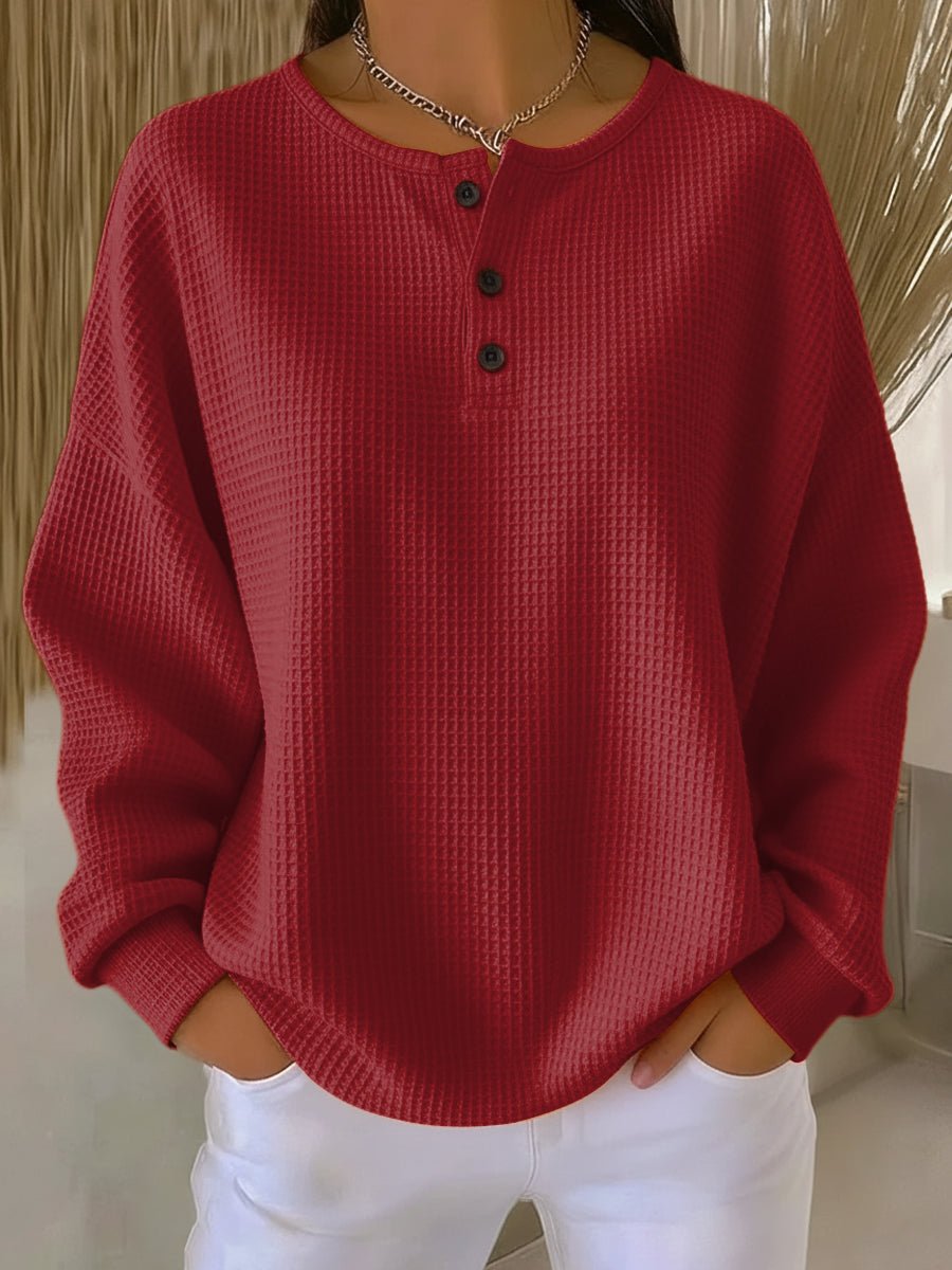 Women's Waffle Knit Jumper with Henley Neckline