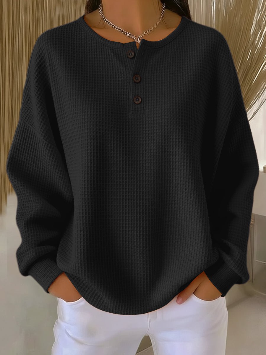 Women's Waffle Knit Jumper with Henley Neckline
