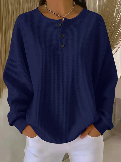 Women's Waffle Knit Jumper with Henley Neckline
