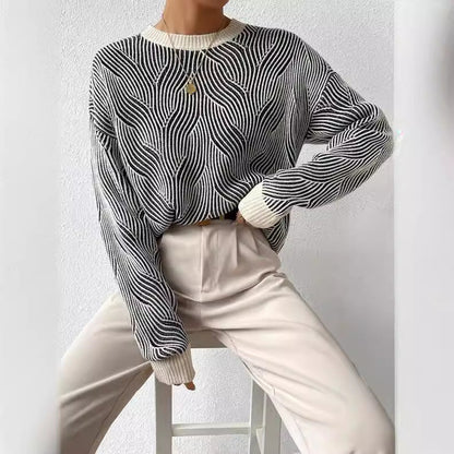 Women's Wide-Sleeved Jumper with Wave Pattern