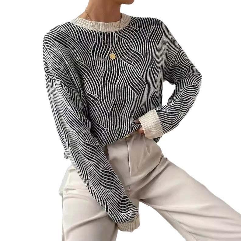 Women's Wide-Sleeved Jumper with Wave Pattern