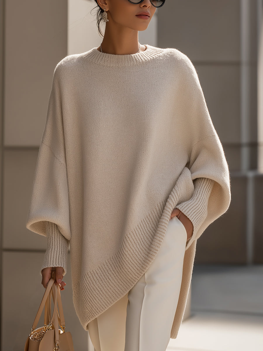 Women's Wide Sleeve Poncho Jumper with Asymmetrical Hem