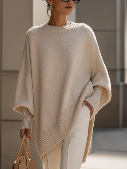 Women's Wide Sleeve Poncho Jumper with Asymmetrical Hem