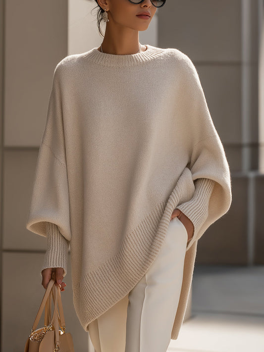 Women's Wide Sleeve Poncho Jumper with Asymmetrical Hem