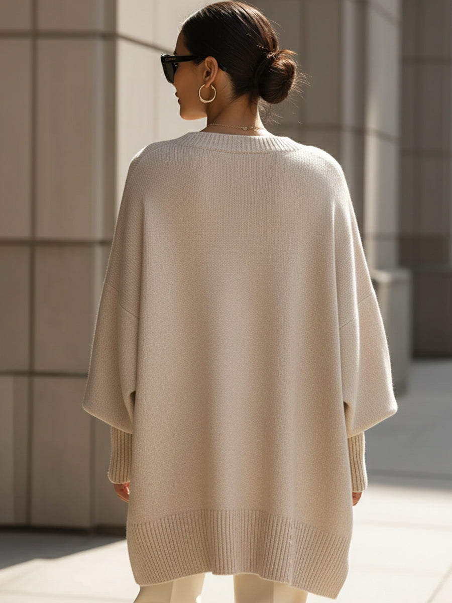 Women's Wide Sleeve Poncho Jumper with Asymmetrical Hem