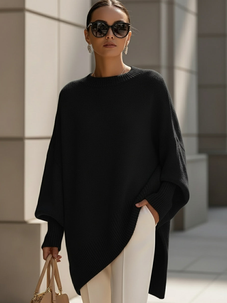 Women's Wide Sleeve Poncho Jumper with Asymmetrical Hem