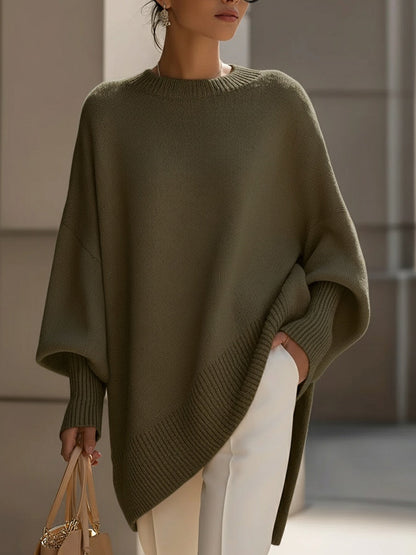 Women's Wide Sleeve Poncho Jumper with Asymmetrical Hem