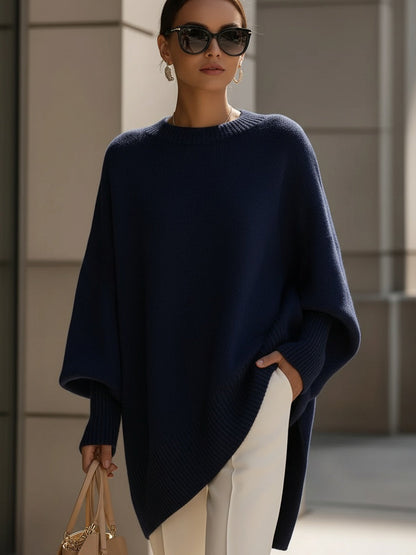 Women's Wide Sleeve Poncho Jumper with Asymmetrical Hem