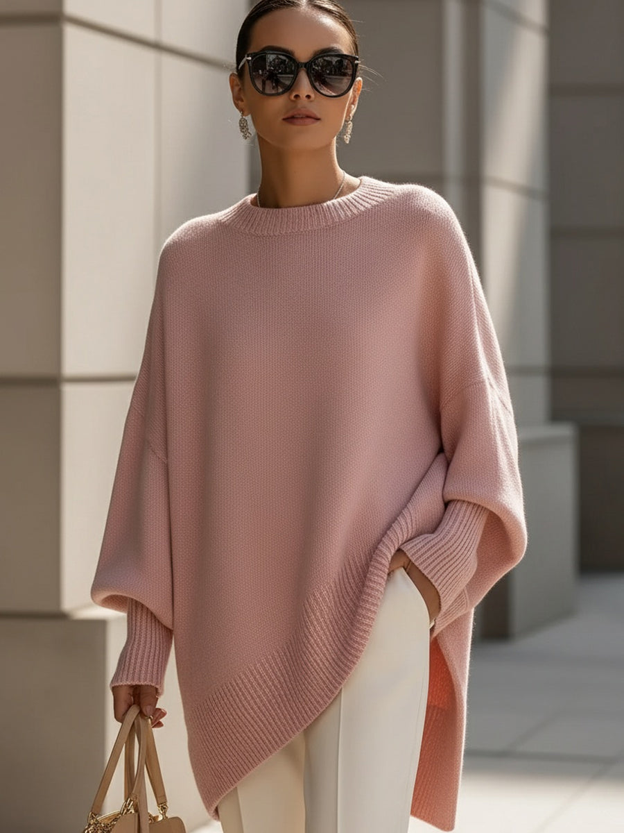 Women's Wide Sleeve Poncho Jumper with Asymmetrical Hem