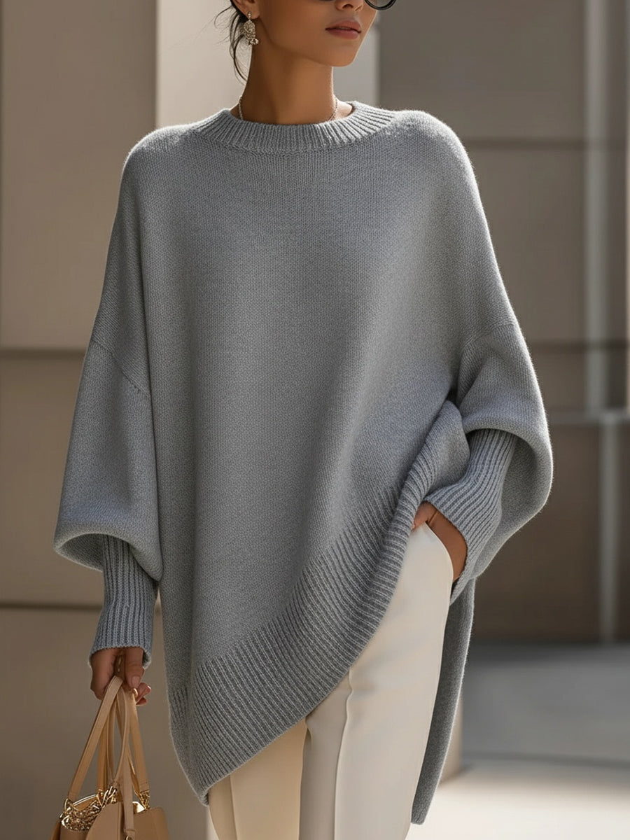 Women's Wide Sleeve Poncho Jumper with Asymmetrical Hem