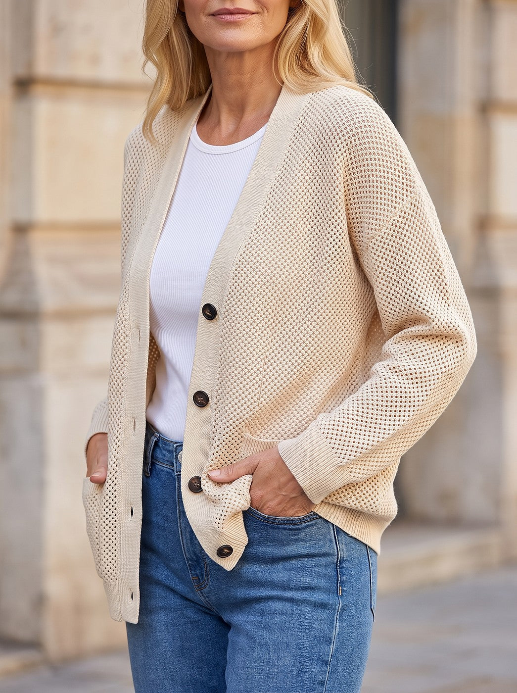 Women's Open Weave Cardigan Contrast Buttons