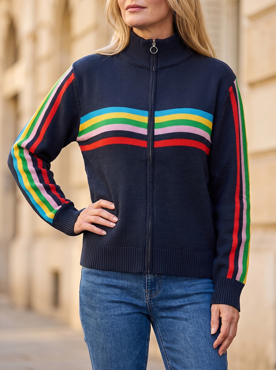 Women's Stripe Sleeve Zip Knit Jacket