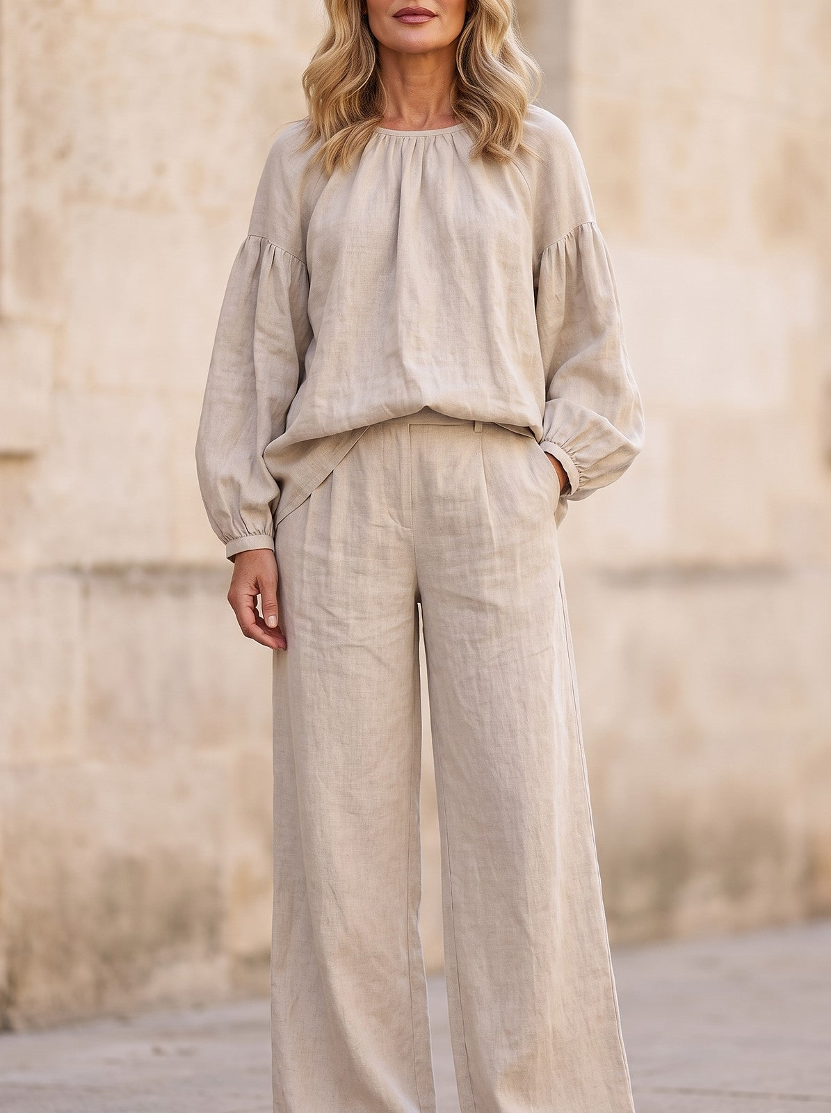 Women's Slub Weave Balloon Sleeve Co-ord Set