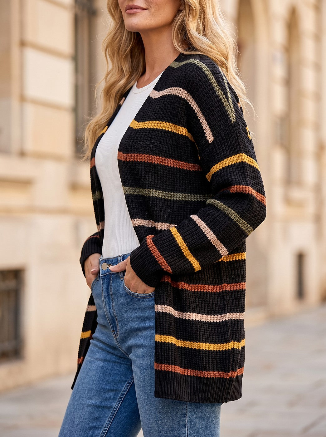 Women's Fine Stripe Longline Open Cardigan