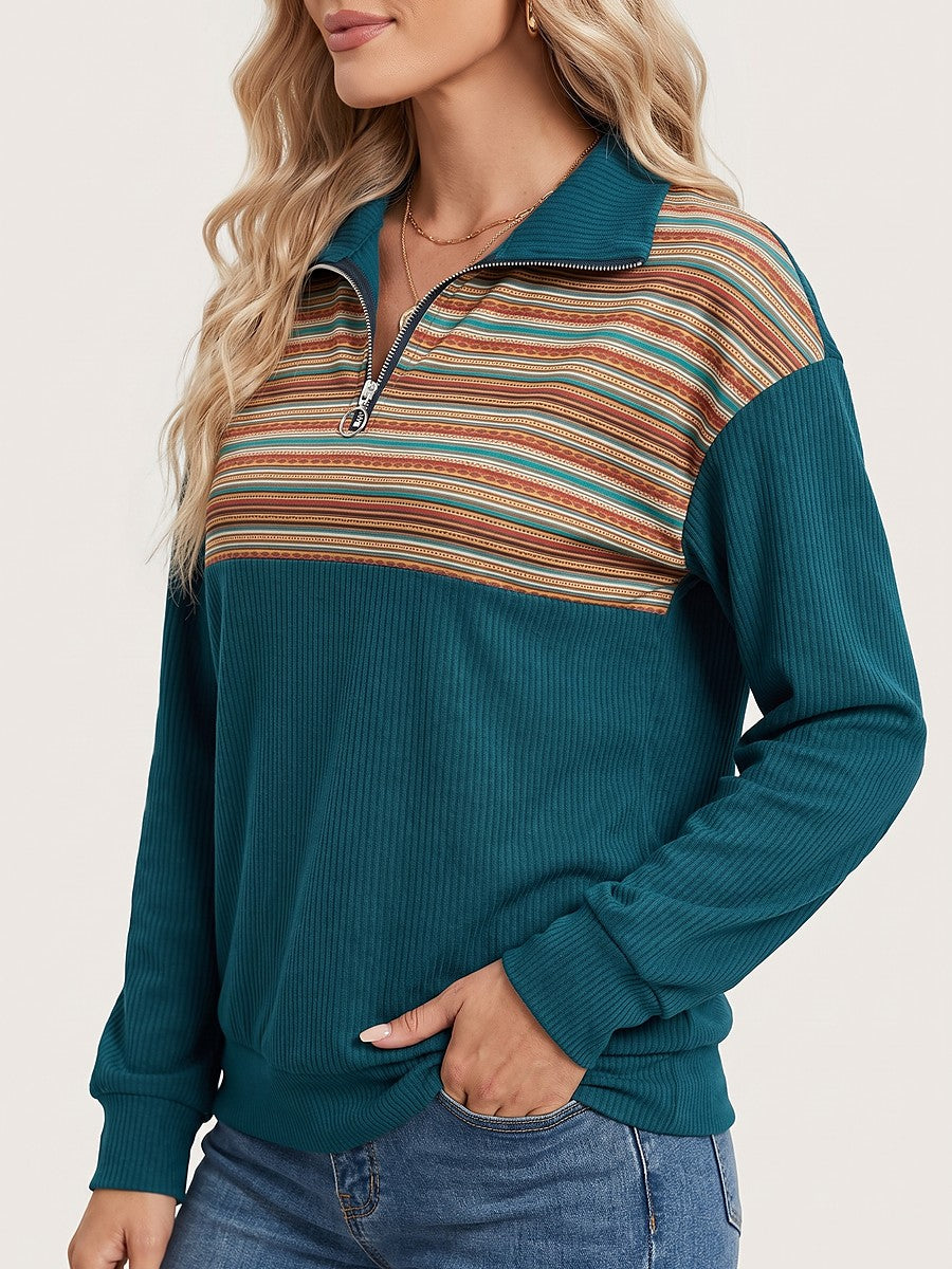 Ladies Stripe Yoke Half Zip Jumper
