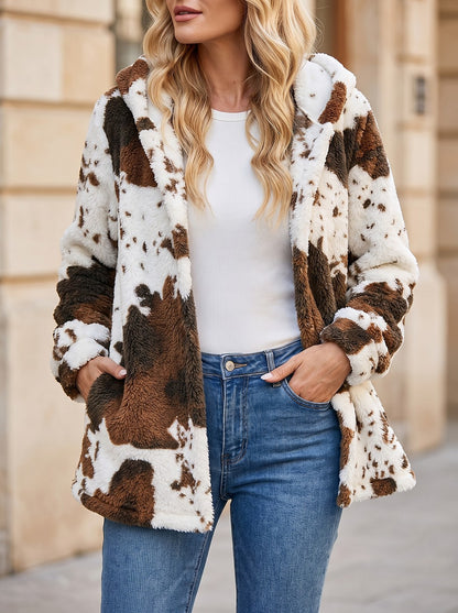 Women's Animal Print Fleece Hooded Coat
