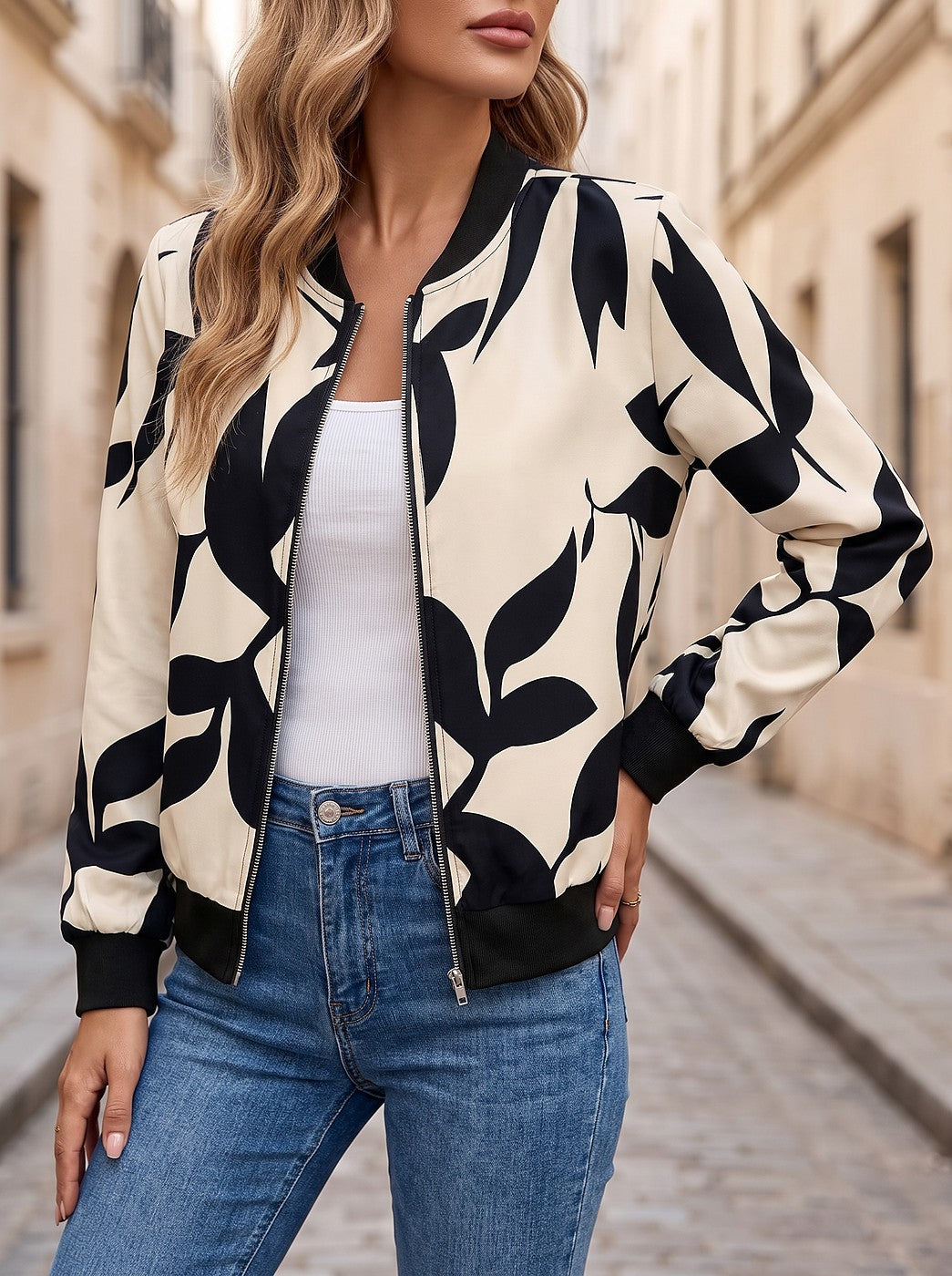 Women's Printed Satin Bomber with Rib Cuffs