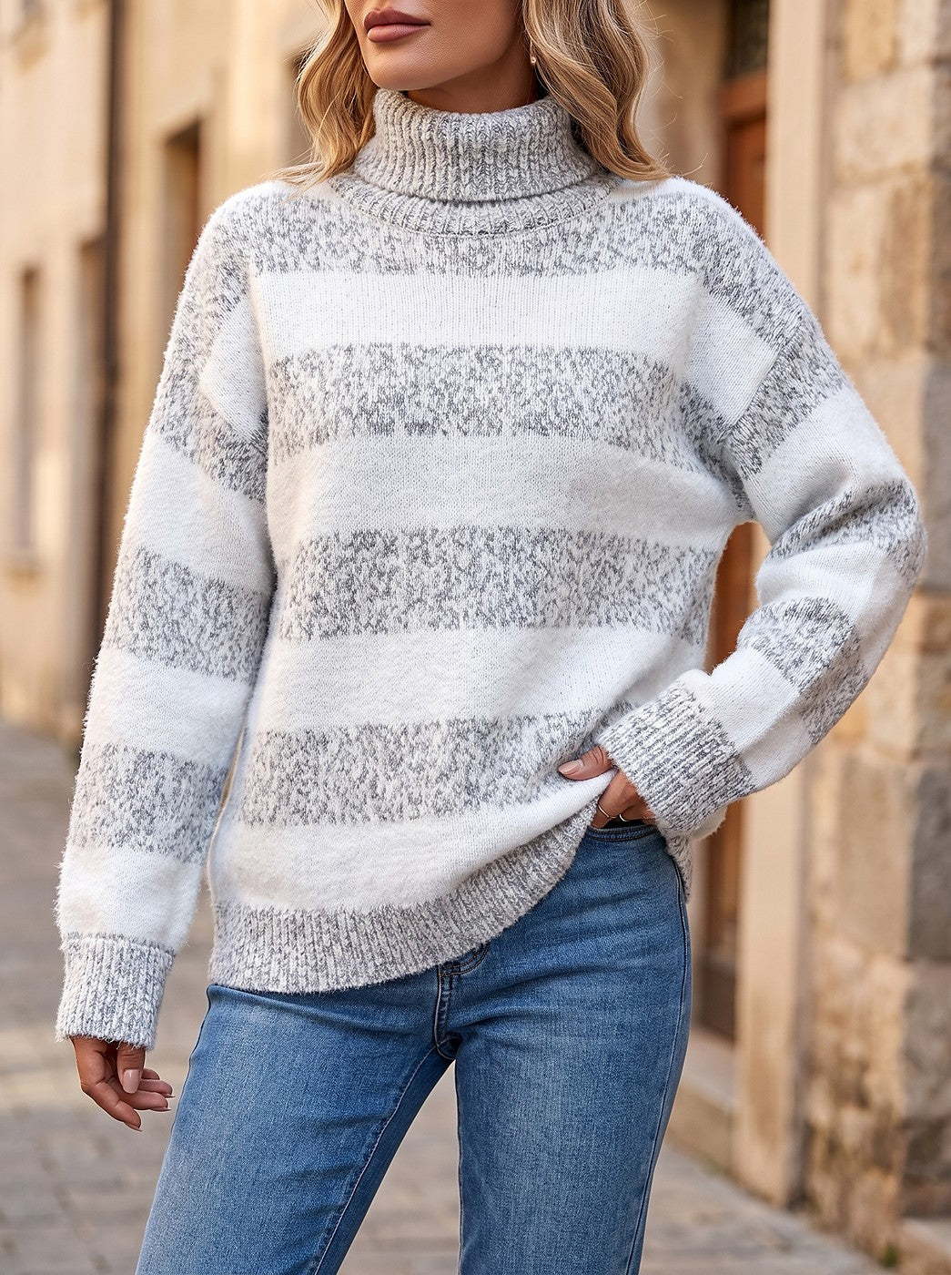 Women's Fluffy Stripe Turtleneck Jumper