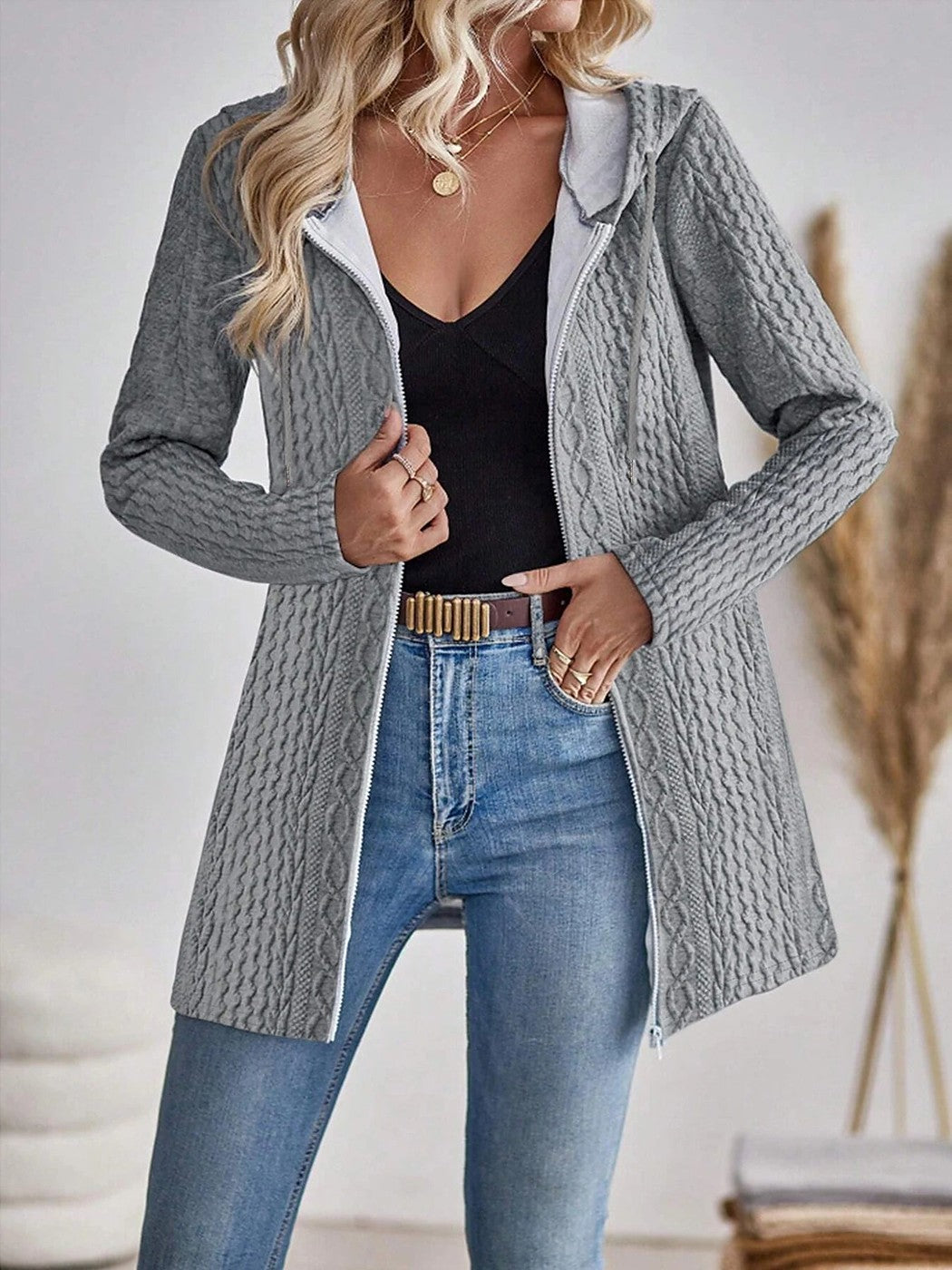 Women's Hooded Cable Knit Cardigan