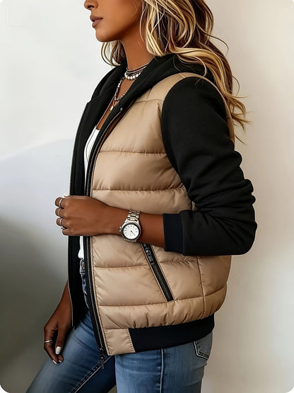 Women's Padded Hooded Jacket with Knit Sleeves