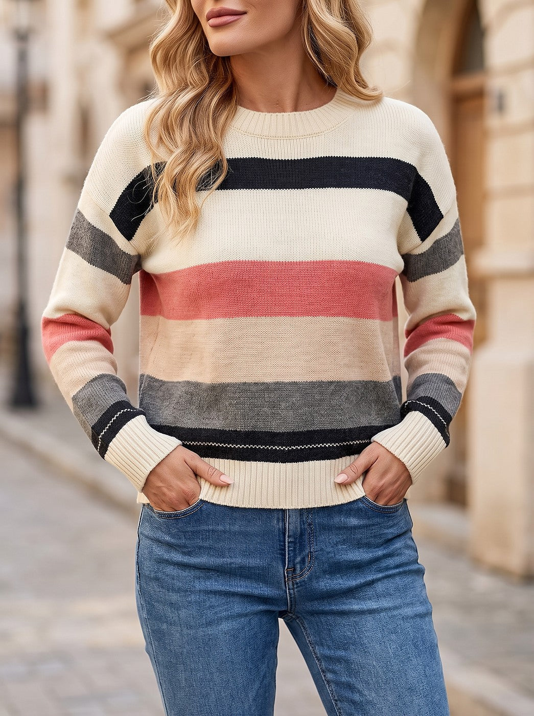 Women's Drop Shoulder Stripe Knit Jumper