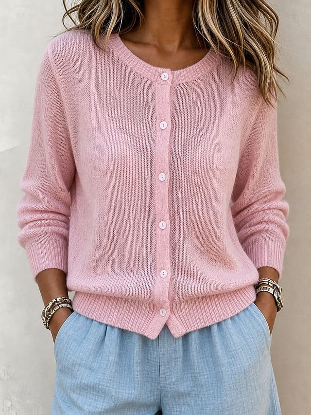 Women's Pink Ribbed Button Cardigan