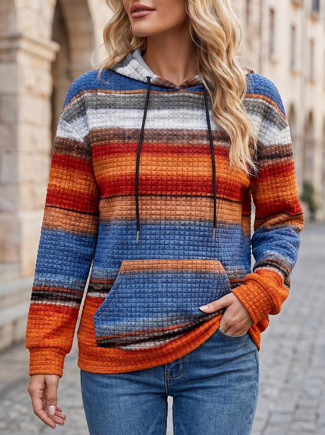 Women's Striped Waffle Drawstring Hoodie