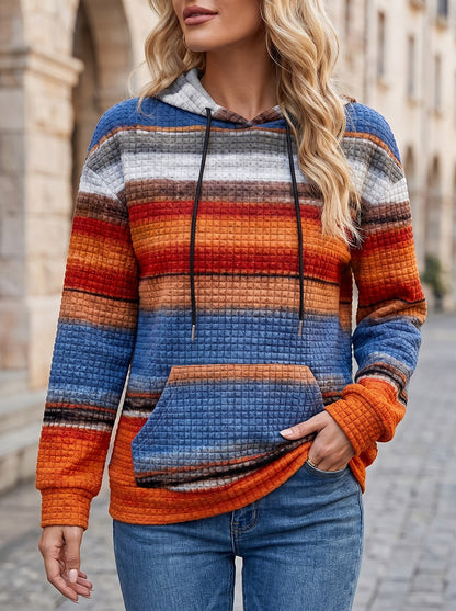 Women's Striped Waffle Drawstring Hoodie