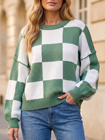 Women's Cosy Check Drop Shoulder Knit Jumper