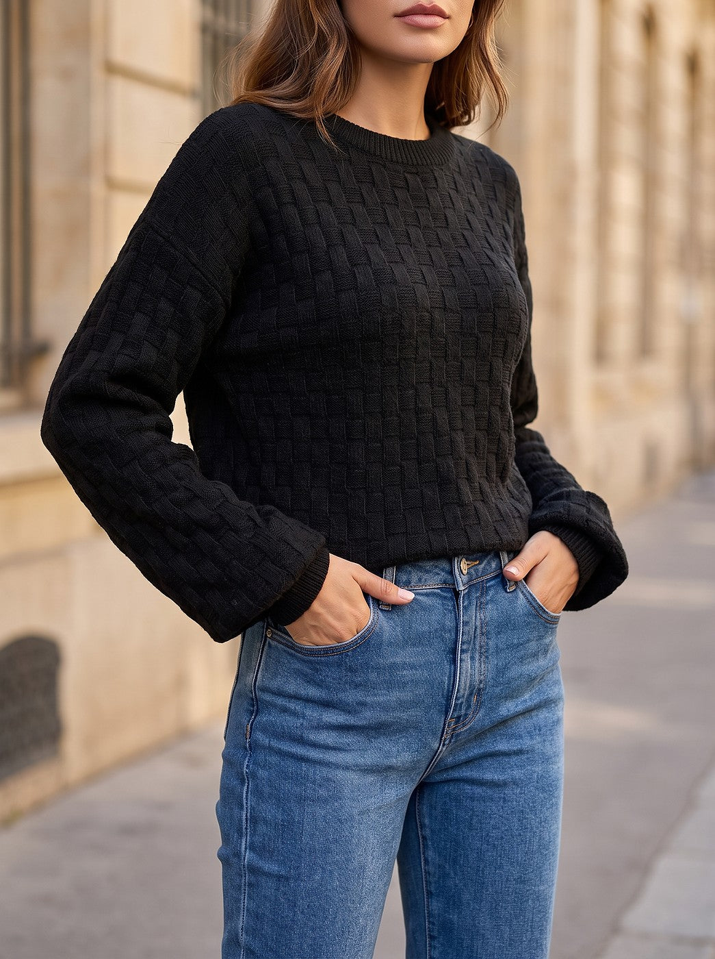Women's Winter Textured Crew Neck Top