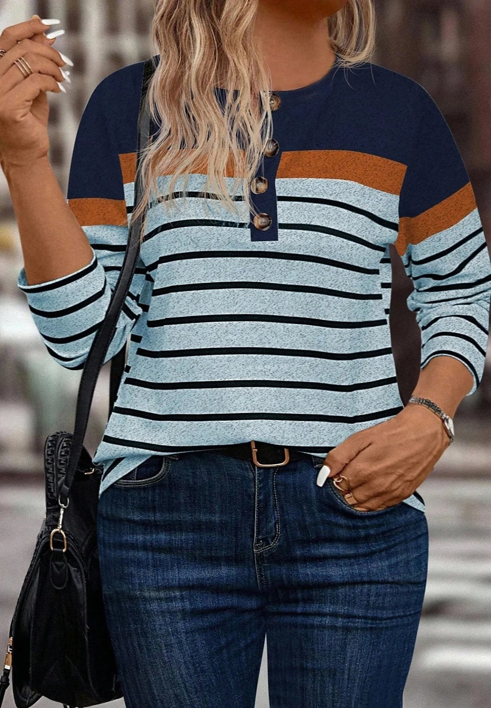Women's Striped Henley Long Sleeve Top