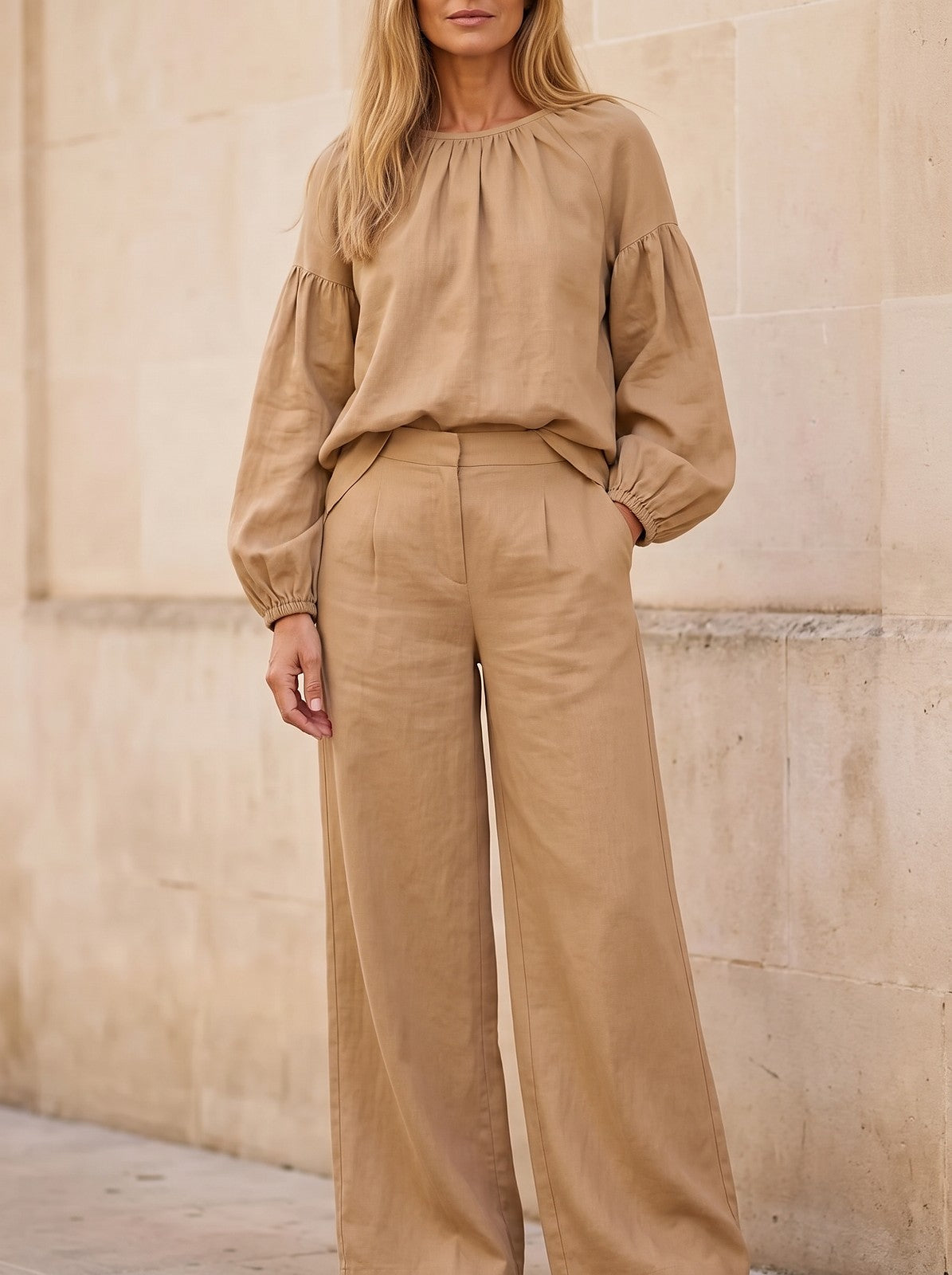 Women's Slub Weave Balloon Sleeve Co-ord Set