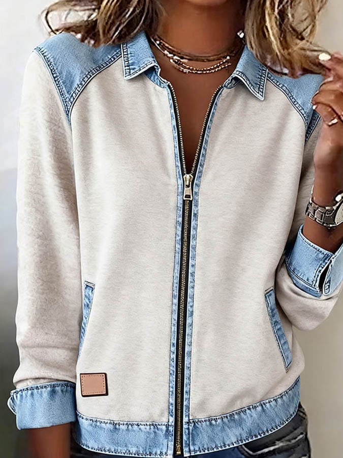 Women's Denim Trim Zip Through Jacket