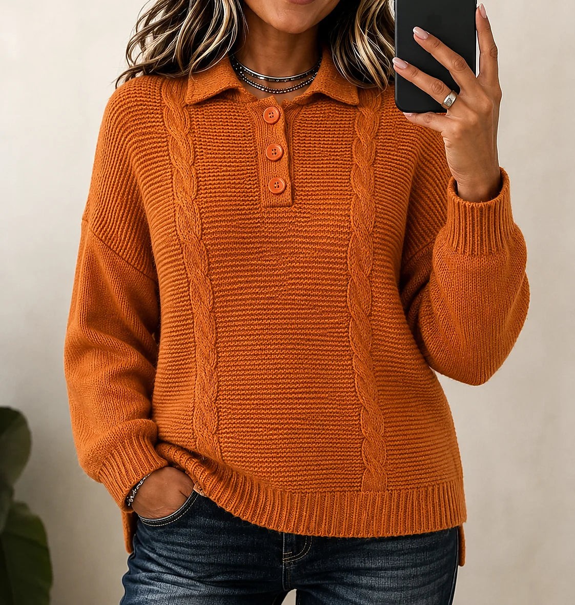Women's Polo Collar Cable Jumper