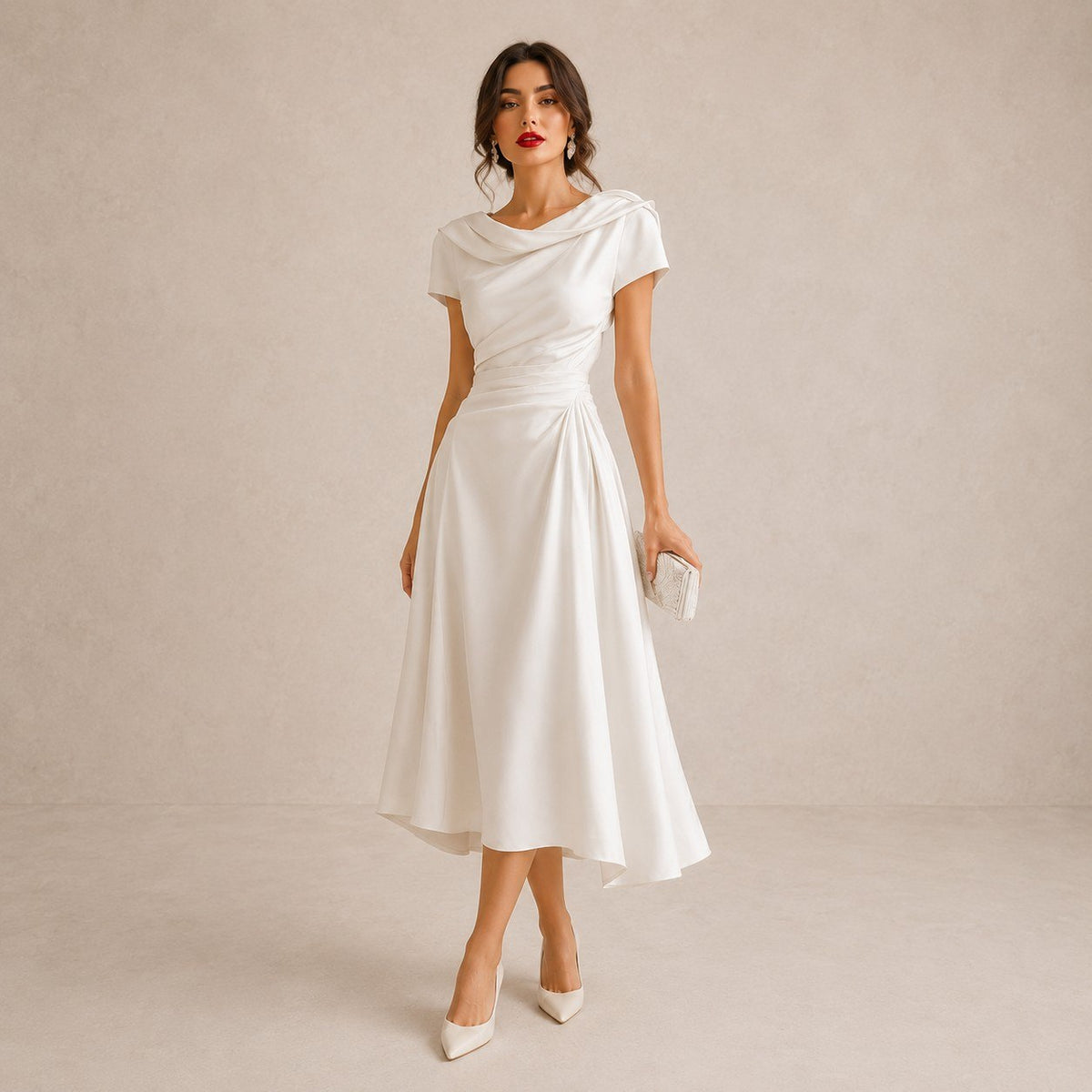 Women's Draped Cowl Neck Satin Midi Dress