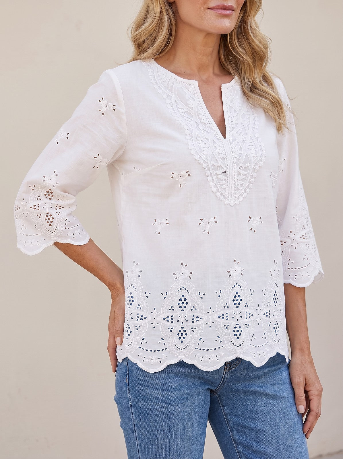 Women's Eyelet Lace Notched Neck Shirt