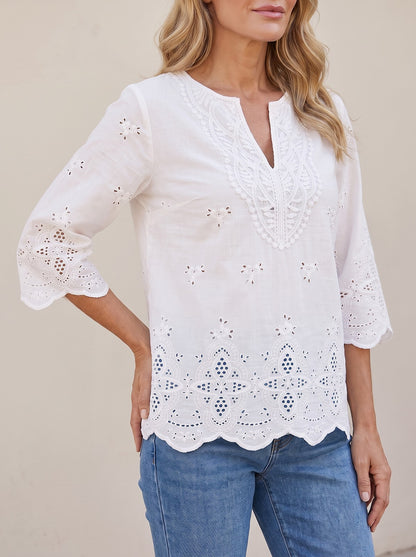 Women's Eyelet Lace Notched Neck Shirt