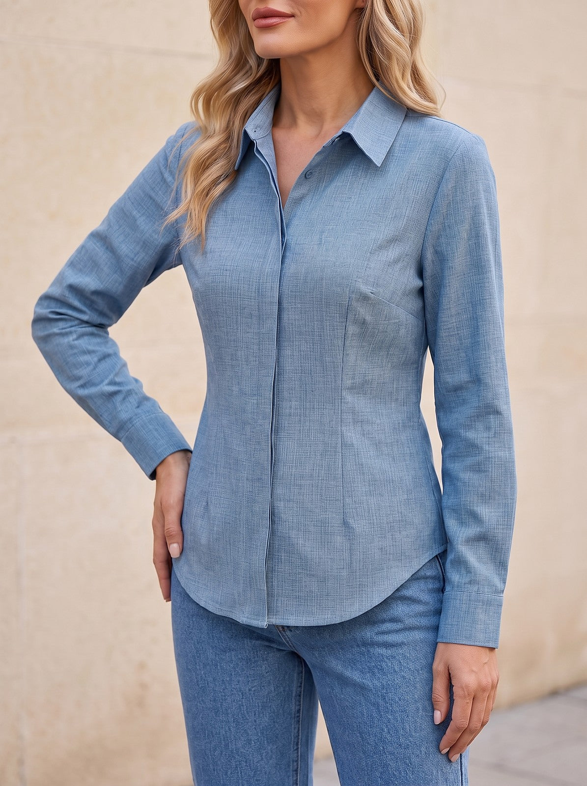 Women's Solid Collar Long Sleeve Shirt