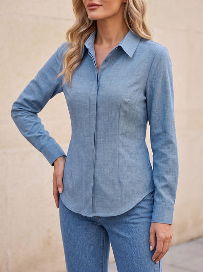 Women's Solid Collar Long Sleeve Shirt