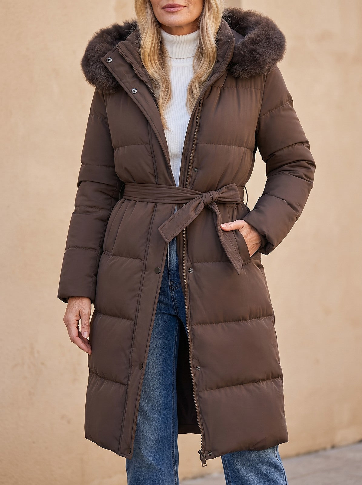 Women's Belted Faux Fur Hood Puffer Coat