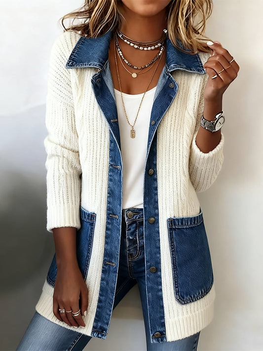 Ladies Denim Patchwork Open Front Cardigan